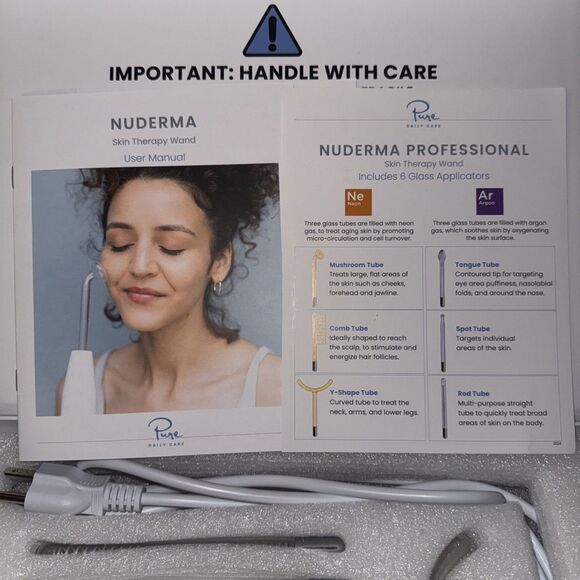 Pure Daily Care NuDerma Professional Ne+Ar Skin Therapy Wand w 6 Fusion Used - Picture 7 of 15